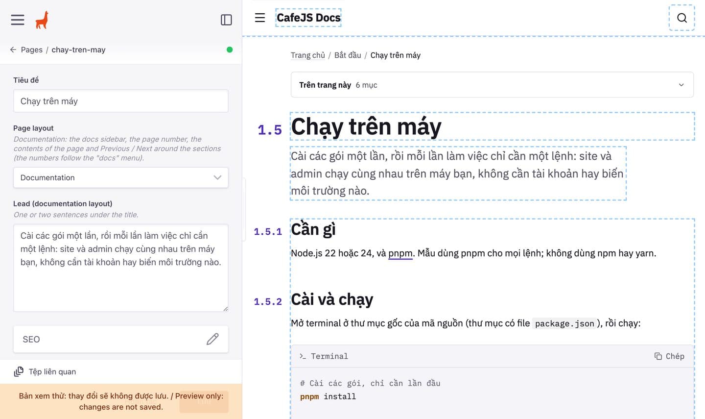 Admin TinaCMS tiếng Việt: bên trái là form của trang Chạy trên máy với các ô Tiêu đề, Page layout, Lead và SEO; bên phải là preview của trang, số 1.5 treo bên trái tiêu đề.